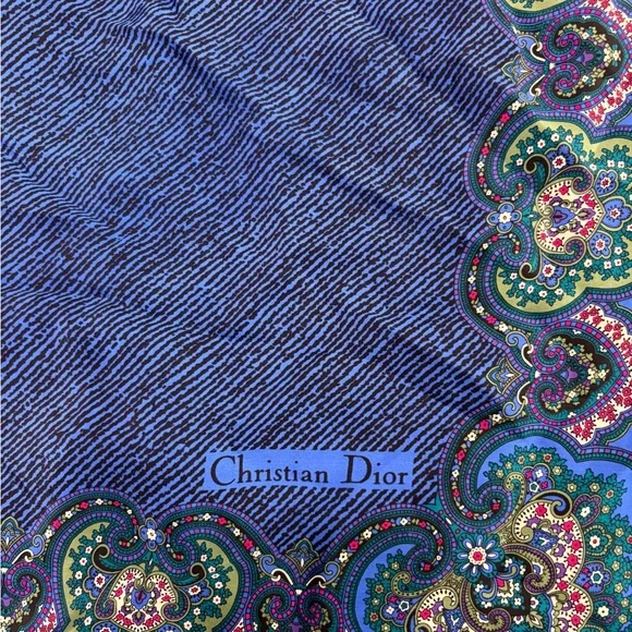 Dior Blue and Black Patterned Silk Scarf with Floral Accents - Picture 3 of 4